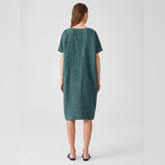 Eileen Fisher Organic Linen Shift Dress Green Size L Short Sleeve - Picture 3 of 11